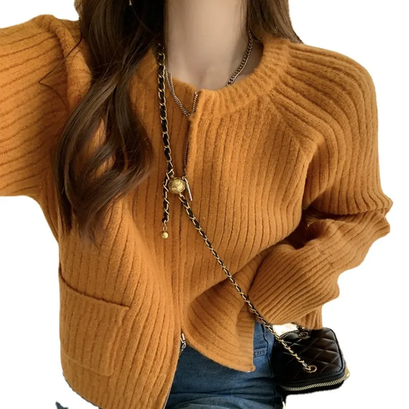 Churchf Churchf Temperament Double Zipper Pit Short New Sweater Female Spring Pocket Sweater Loose Inside Jacket Female