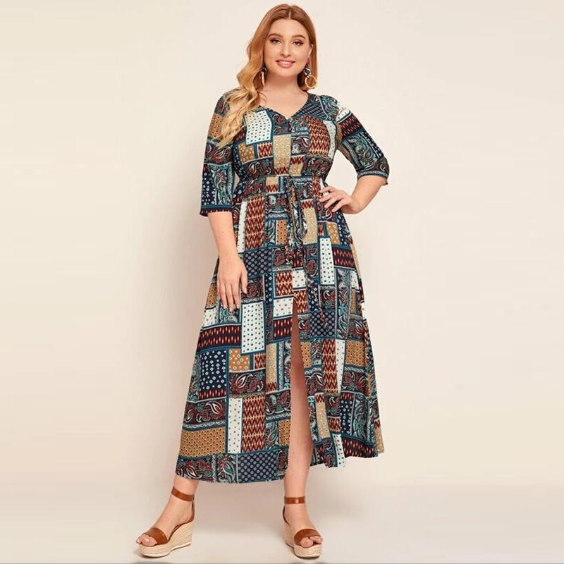  thdmladies Waist Tucked Print Long Dress thedmladies