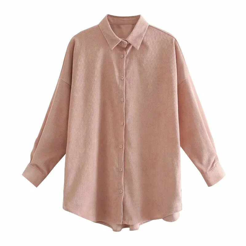 Aachoae Autumn Women Solid Loose Corduroy Blouses Shirts Turn Down Collar Batwing Long Sleeve Shirts Female Fashion Pocket Tops