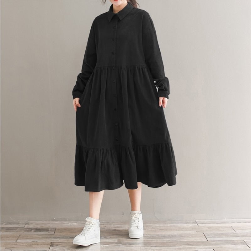 Vintage Corduroy Shirt  Dress Women Sundress 2022 ZANZEA Spring Casual Long Sleeve Ruffle Vestidos Female Button Midi Robe
