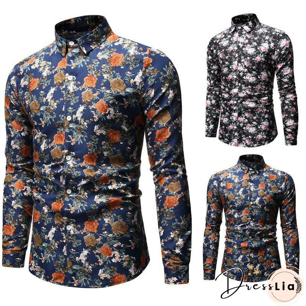 AliExpress wish Hong New style Foreign trade Men'S Wear fashion printed Fold-down collar Plus-sized men's long-sleeve shirt