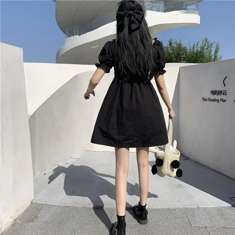 Dress Women Black Fairy Puff Sleeve Sweet Mini Vintage Party Lovely Female Simple Japanese Style Popular Summer Square Collar