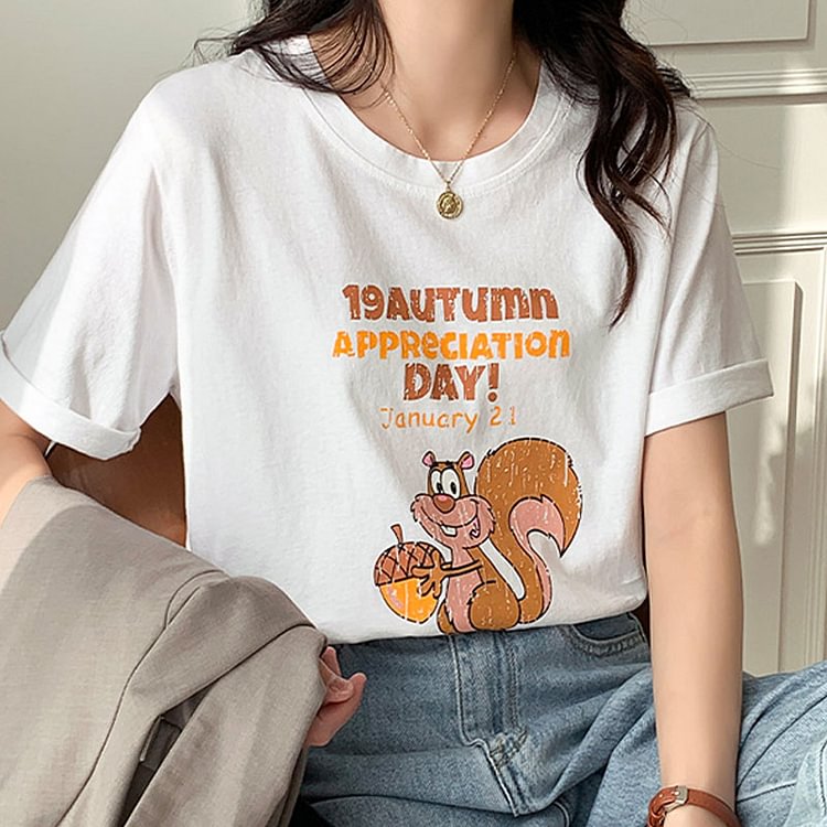 Cartoon Squirrel Letter Print Round Collar Loose T-Shirt  - Modakawa Modakawa