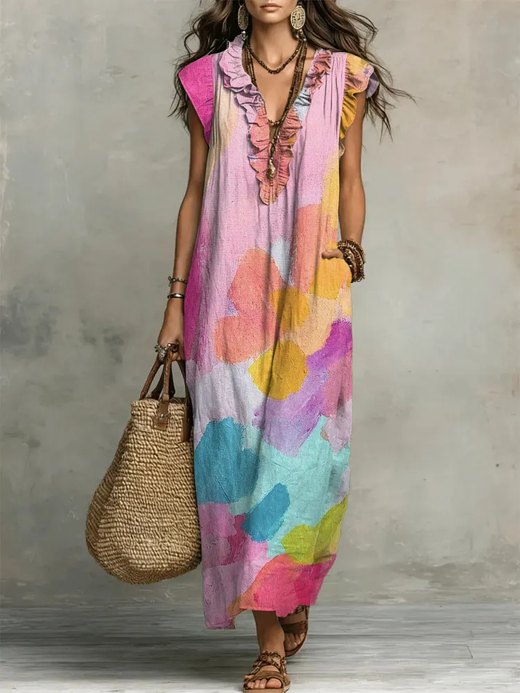 Women's Vintage Pattern Art Print Casual Ruffled Stylish Cotton Linen Dress
