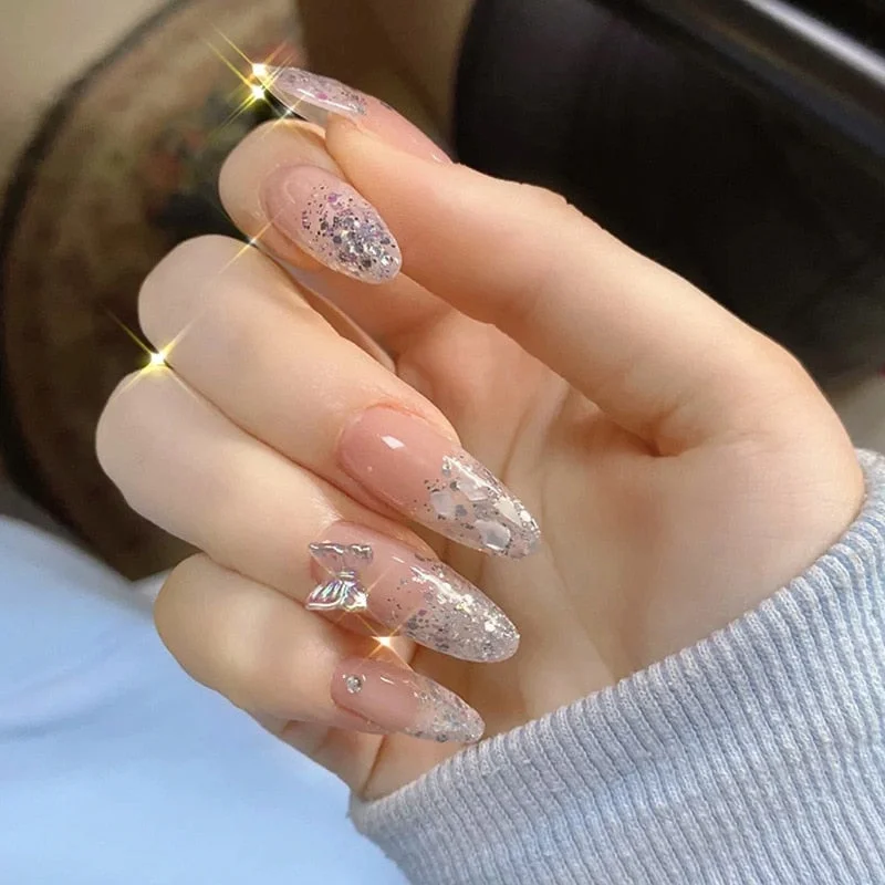24pcs Rhinestone Design Fake Nails Shiny Bridal Women Lady party nail DIy Decorations Press On nail Tips False Nail Patch-Nail Inspo