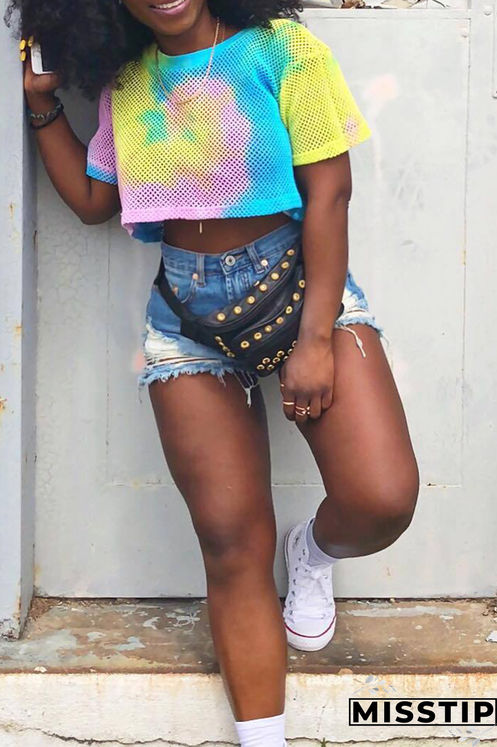 Multicolor Sexy Patchwork Tie-dye Mesh O Neck Tops