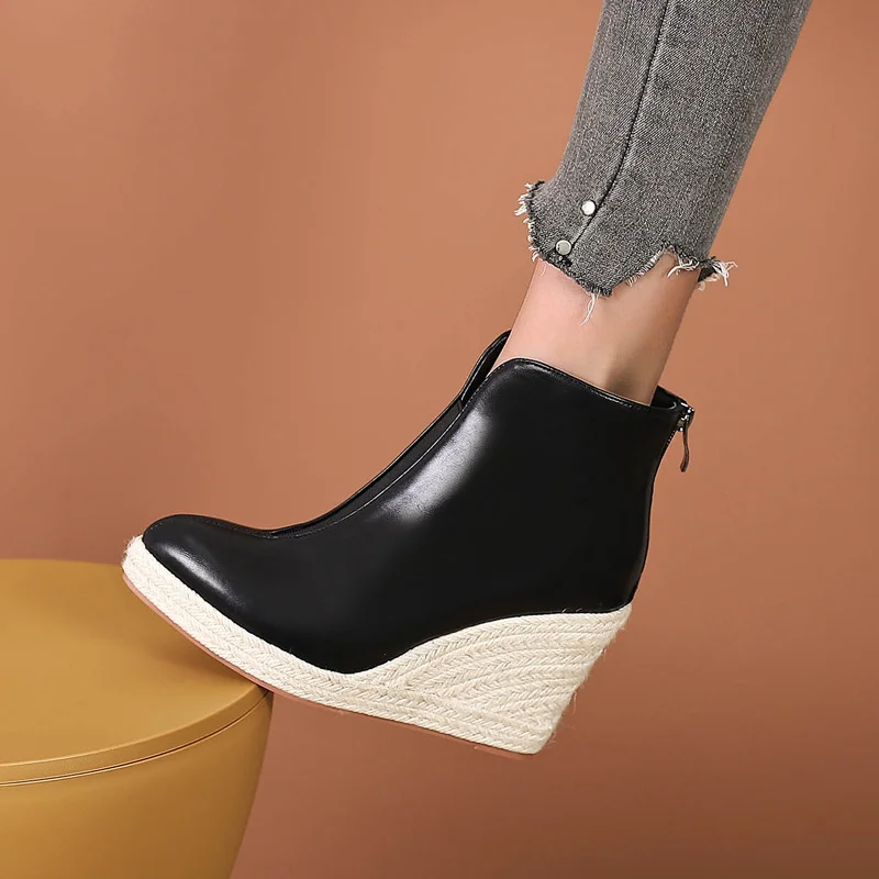 Wongn Wongn Martin Boots Thick Platform High Heel Pointed Fashion Short Boots Female Back Zipper Straw Hemp Rope Bottom