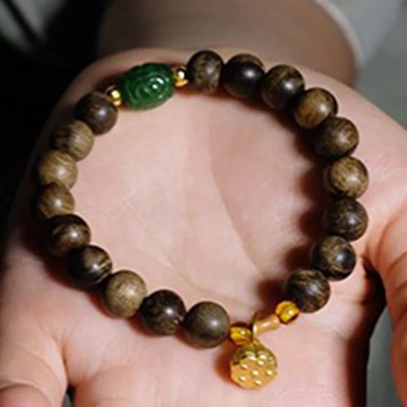 999 Gold Brunei Agarwood Cyan Jade Lotus Flower Peace Strength Bracelet