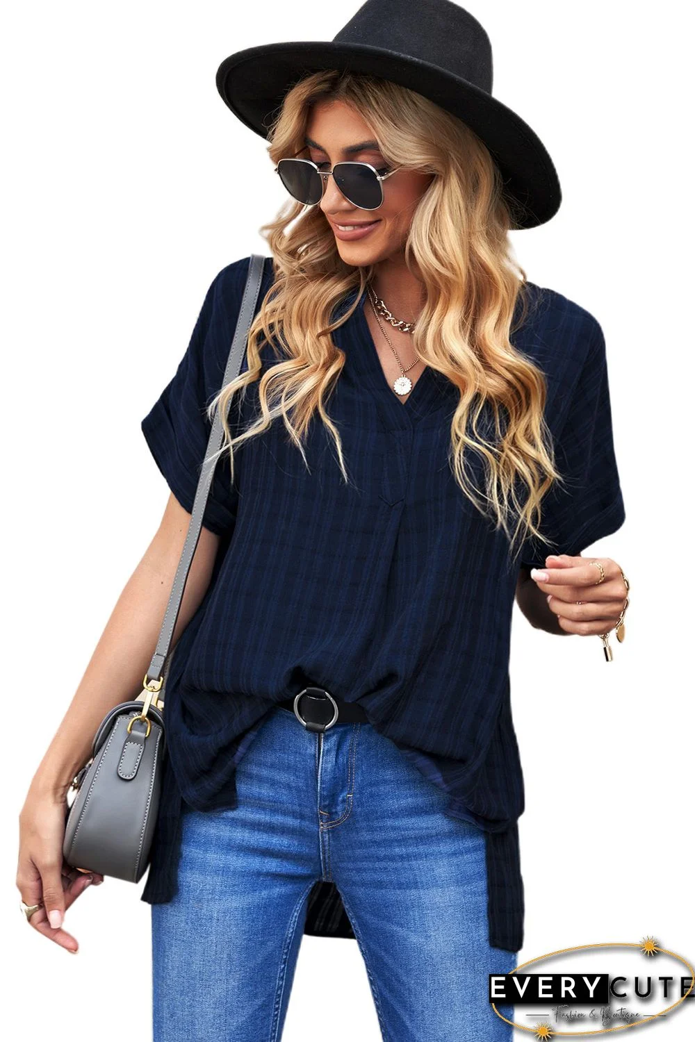 Navy Plaid Print Loose V Neck Short Sleeve Shirt with Slits