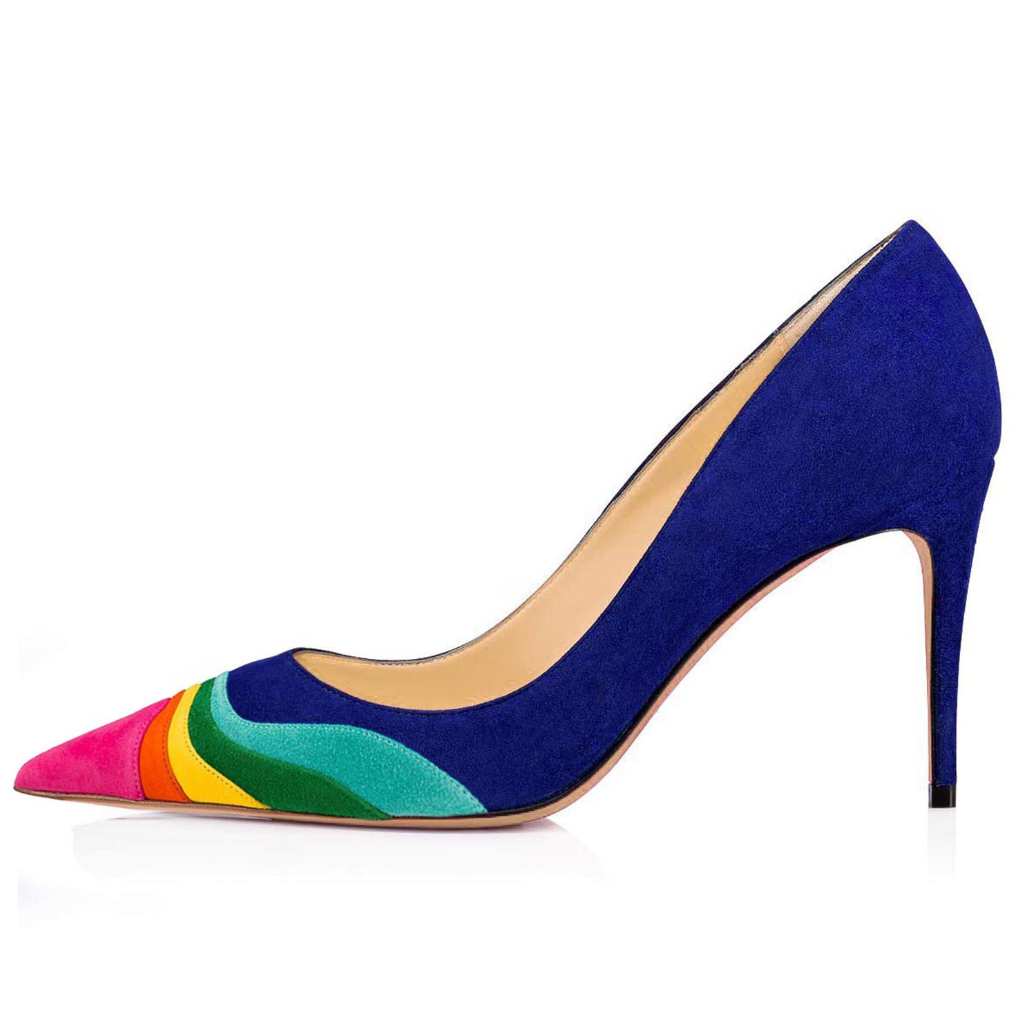 Chic Rainbow Vegan Suede Multi-Layered Pointed Toe Pumps Heels Nicepairs