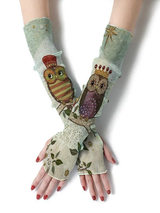 Retro owl print sleeve decoration fingerless sleeve gloves sun protection