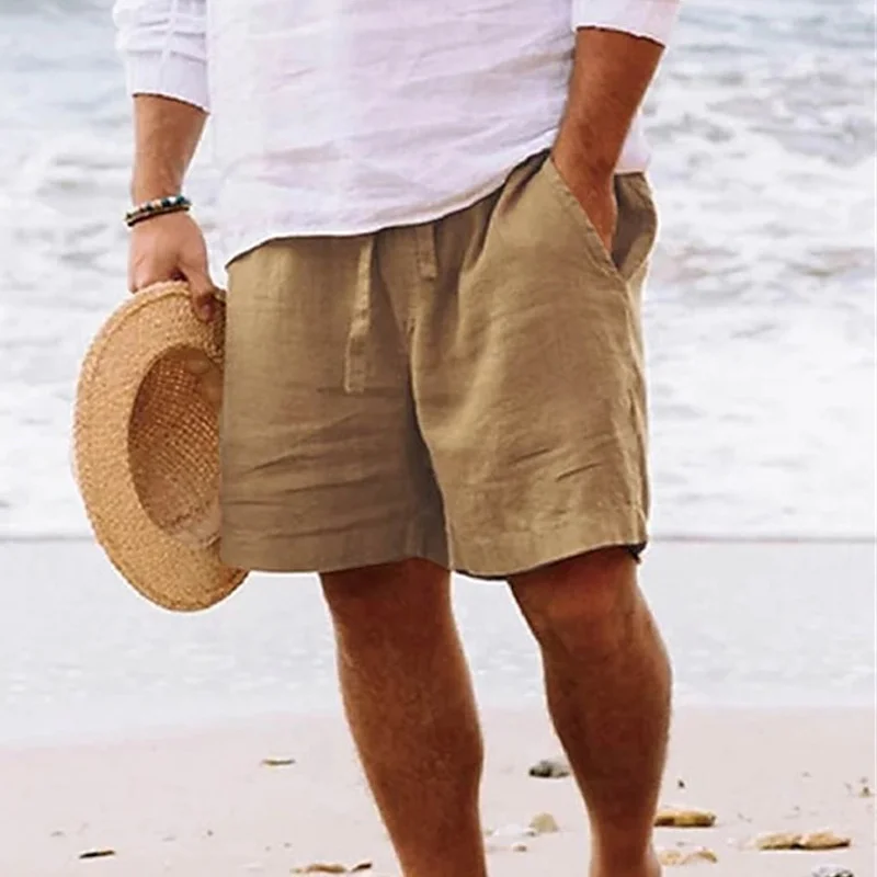 Men's Cotton Linen Drawstring Elastic Waist Solid Color Shorts