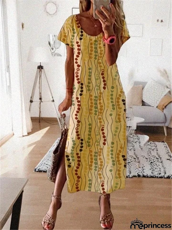 Relaxed Fit Scoop Neck Floral Short Sleeve Side Slit Maxi Dress