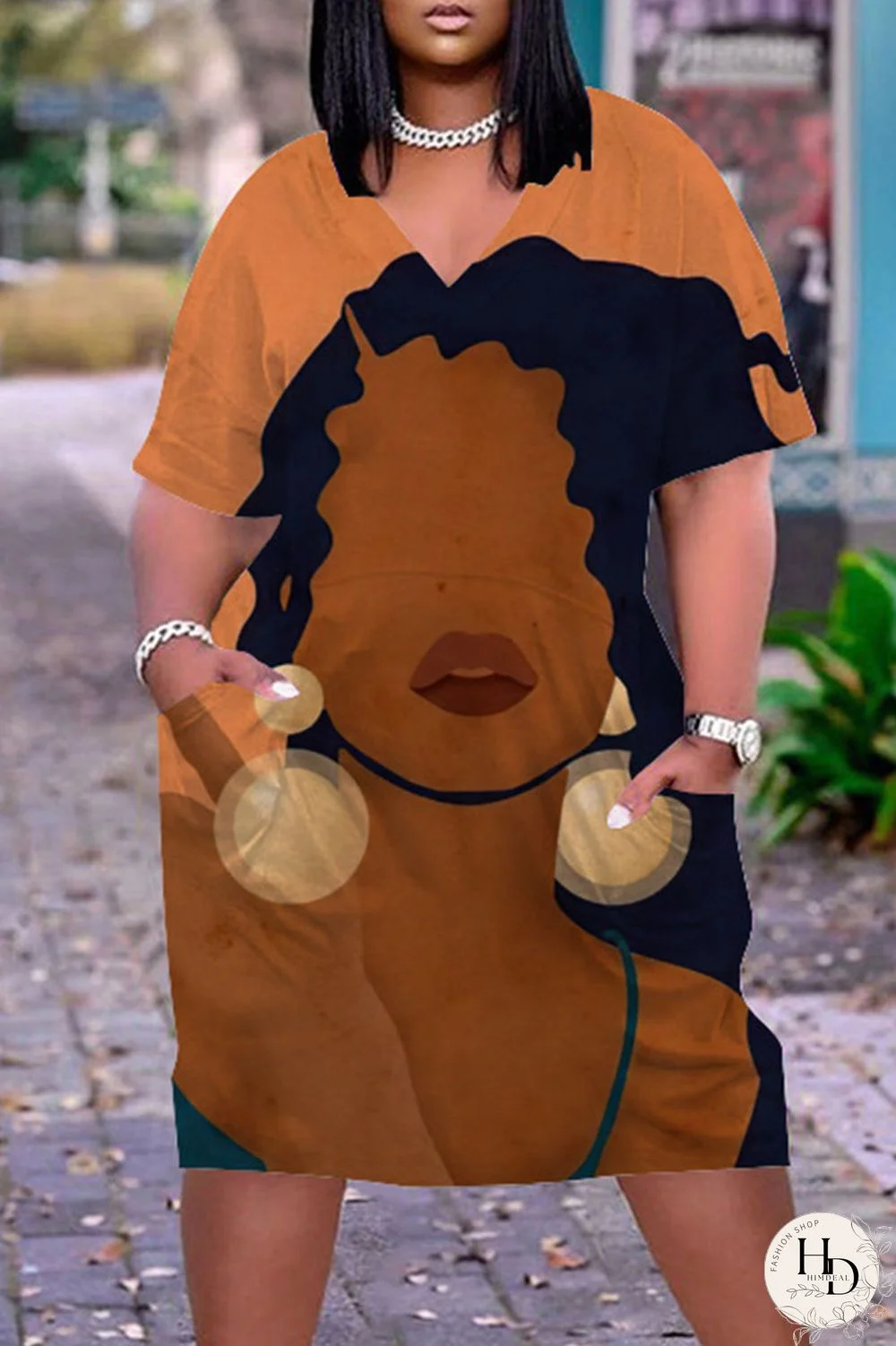 Multicolor Casual Street Print Patchwork V Neck Straight Dresses