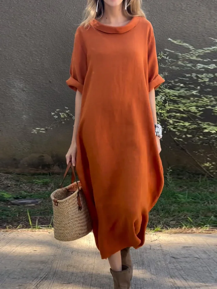 Women's casual solid color cotton and linen dress 