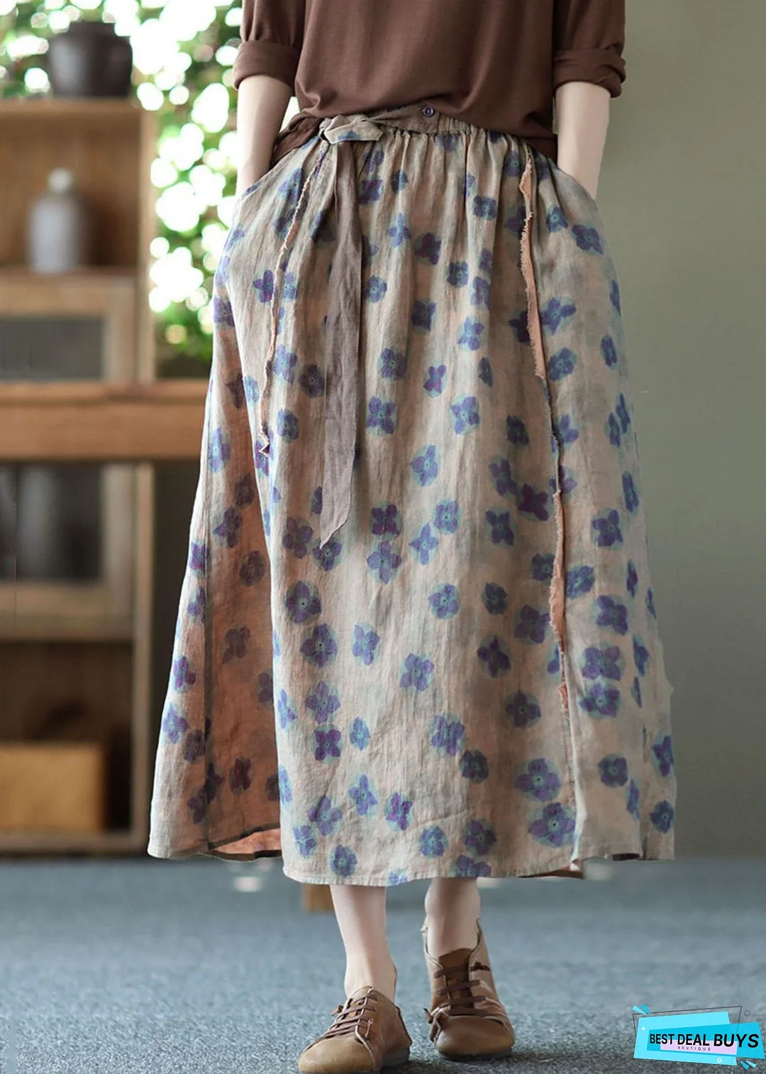 Purple Print Pockets Patchwork Linen Skirts Wrinkled Elastic Waist Summer