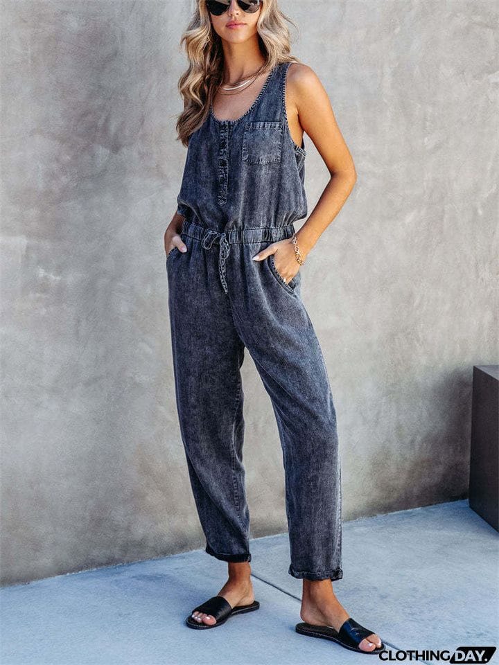 Women's Trendy U Neck Sleeveless Elastic Waist Loose Denim Jumpsuits