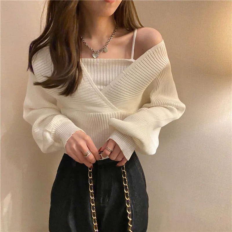 Elegant Solid Slim Autumn Short V Neck White Knitted Tops Bottom Fake Two Pieces Pullover Sweaters Lady Fashion Chic Korea 17394