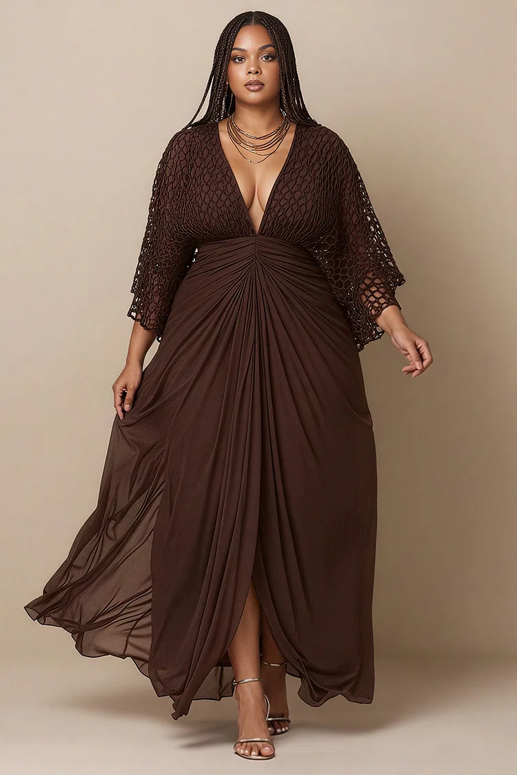 Xpluswear Design Plus Size Vacation Brown V Neck Half Sleeve Crochet Fold Maxi Dresses [Pre-Order] 2024 - Xpluswear