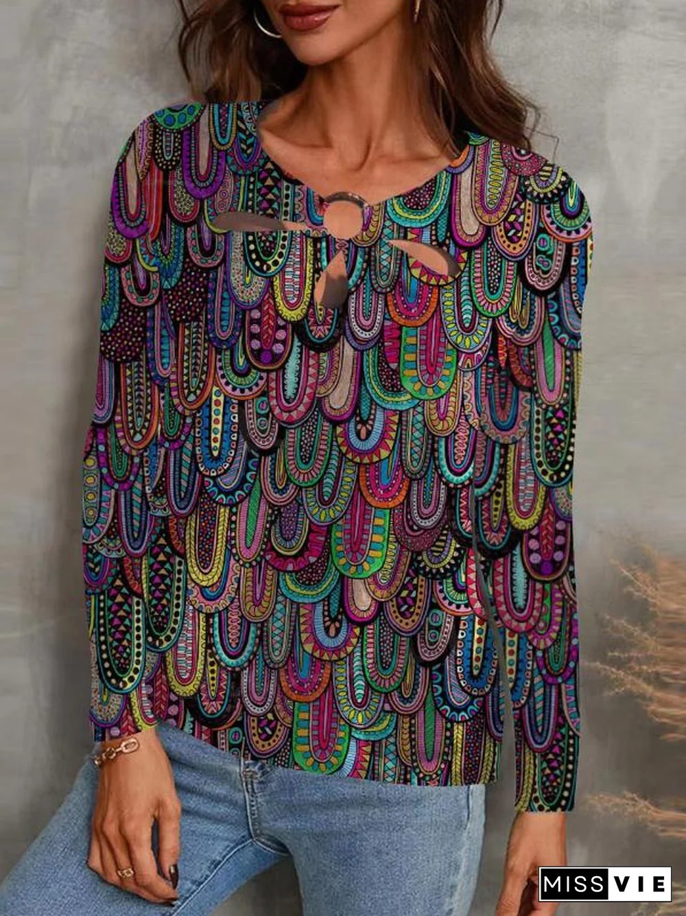 Ring Decor Colored Feature Pattern Long Sleeve Tops