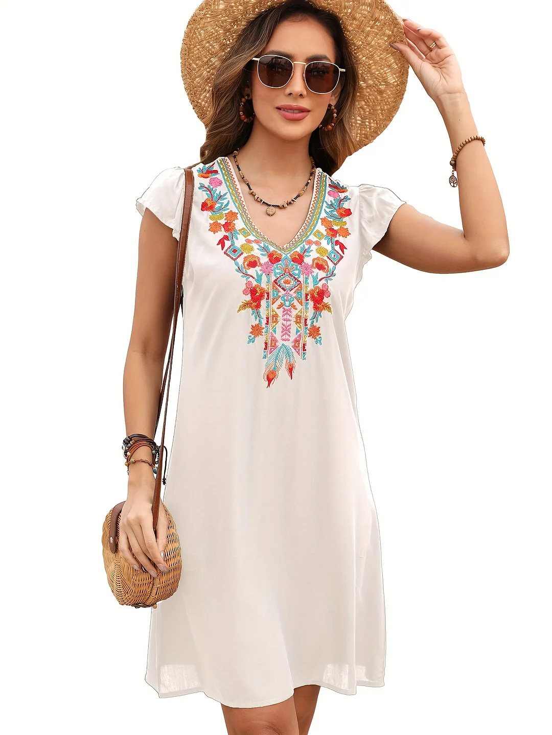 Slim Women's Mexican Embroidered Dresses Fiesta, Ruffle Sleeve Bohemian Dress Sleeveless Traditional Floral Tank Dresse | IFYHOME