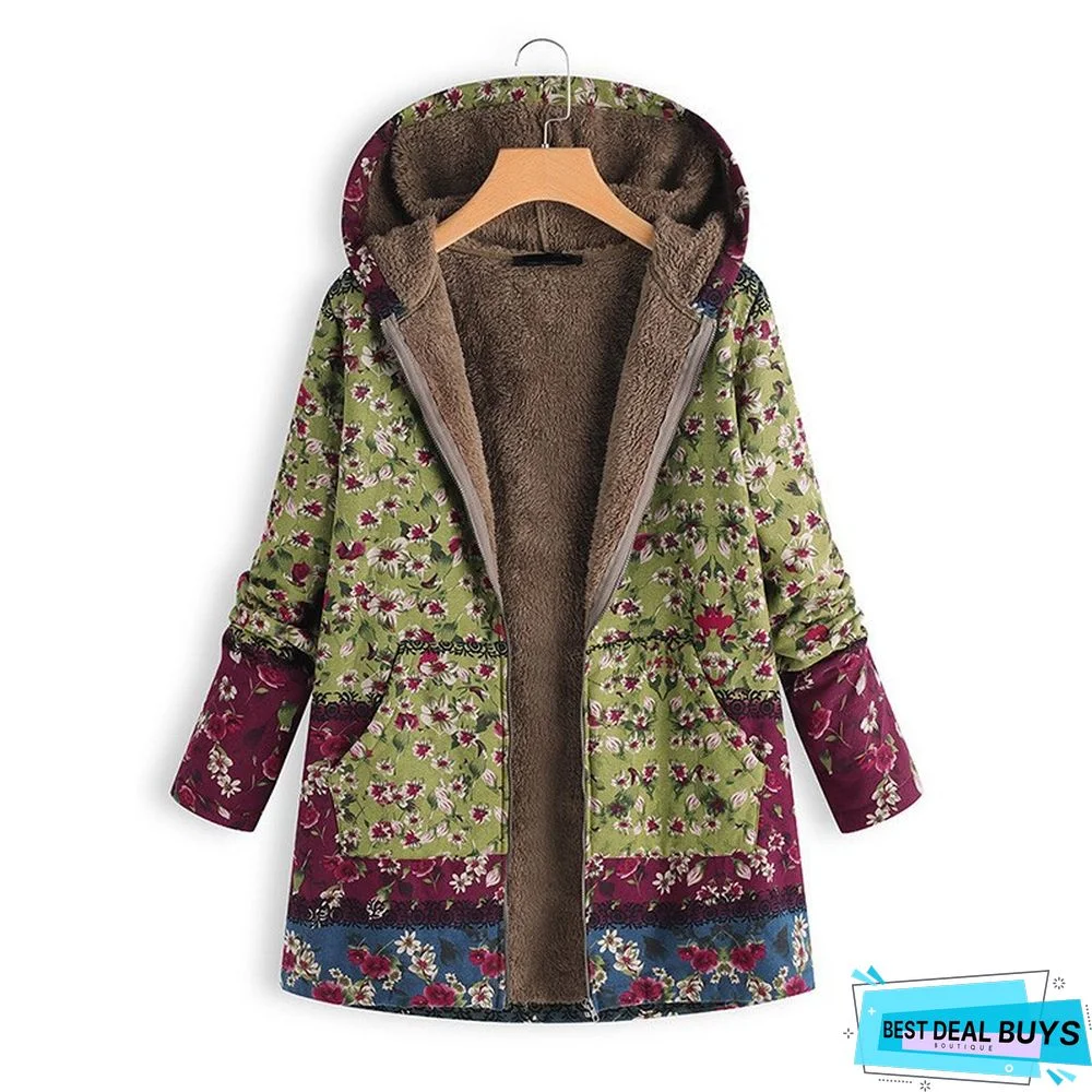 Floral Printed Hooded Long Sleeve Fleece Autumn Winter Coat