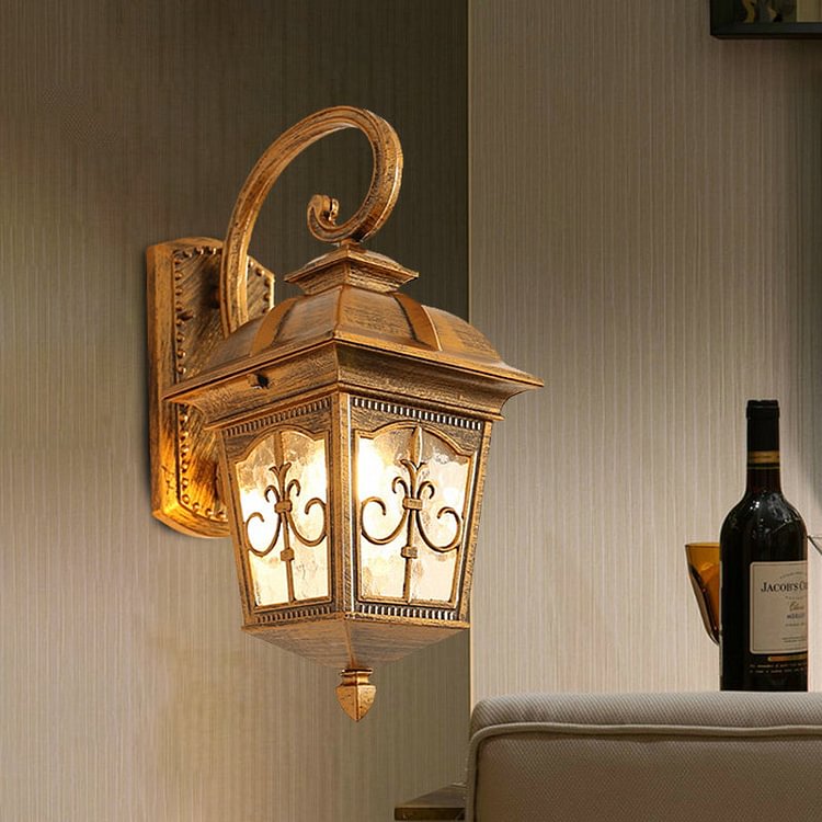 1 Head Wall Light Sconce Lodges Lantern Aluminum Wall Lamp Fixture in Black/Brass with Water Glass Shade