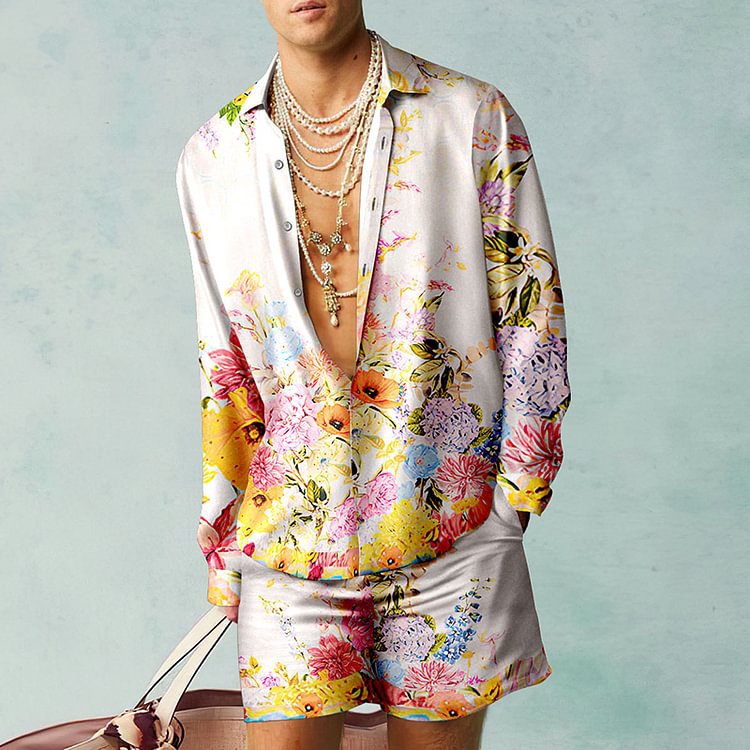 Thoval Fashion 3D Print Two Piece Set Men Long Sleeve Lapel Shirts And Shorts Casual Loose Suits Summer Hawaiian Beach Outfits Male