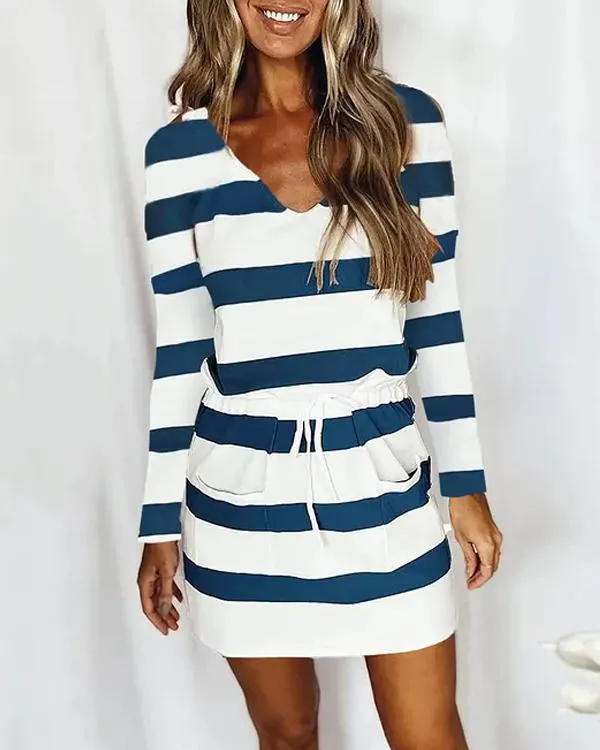 V Neck Drawstring Striped Dress