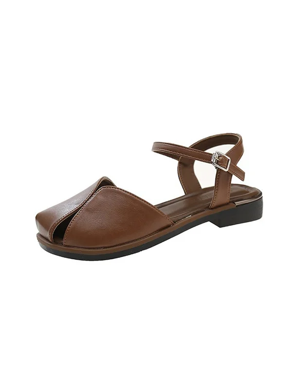 Belt Buckle Hollow Split-Joint Square-Toe Flat Shoes Sandals