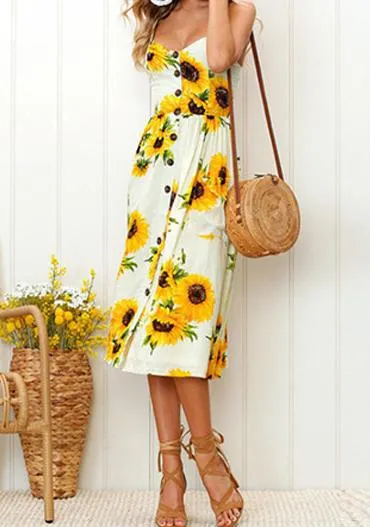 Sunflower Printed Midi Dress with Pockets 丨August Lemonade
