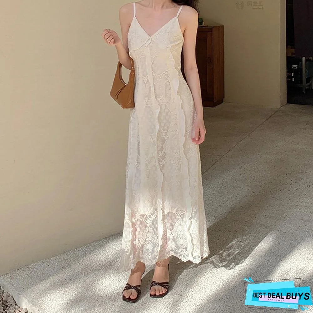 Women White Lace Plain Sleeveless Weaving Dress