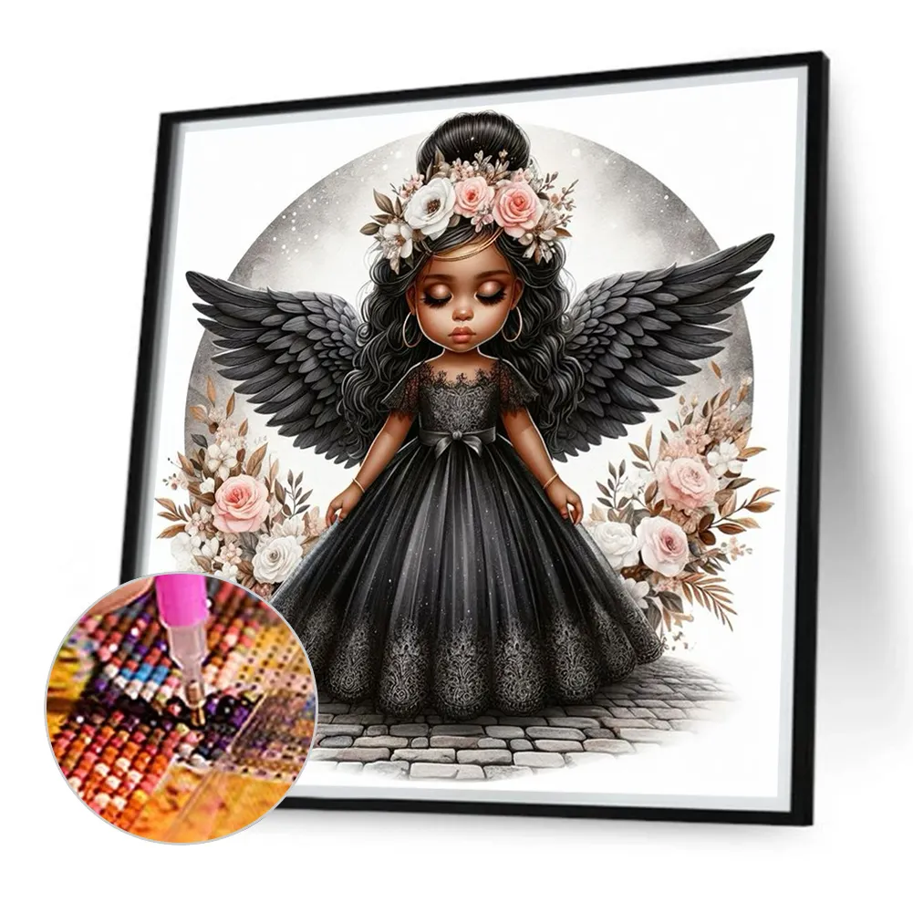 Diamond Painting - Full Round Drill - Black Angel Girl(Canvas|40*40cm)