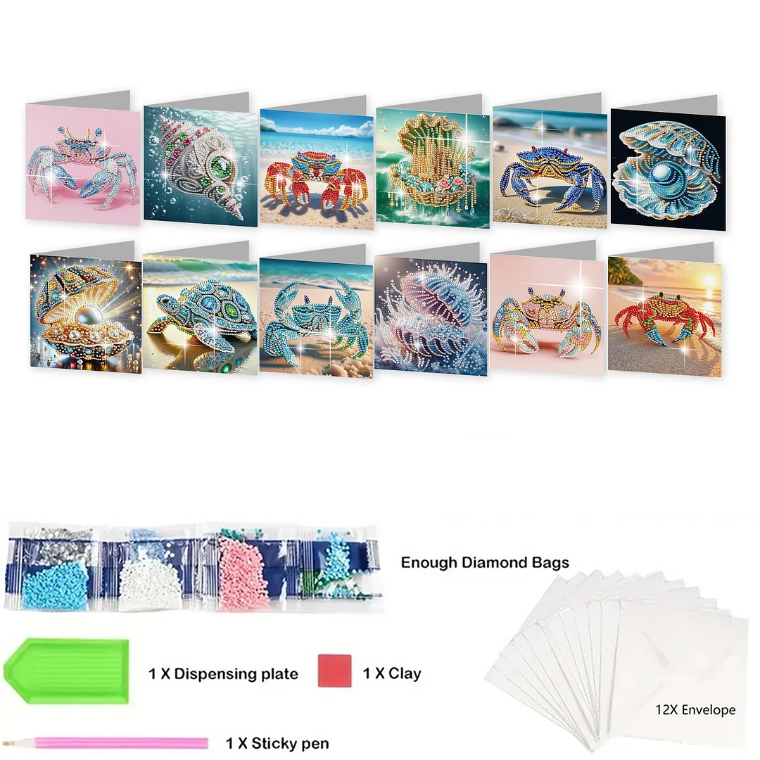 12Pcs Beach Crab Seashell DIY Diamond Painting Greeting Cards for Adults Gifts