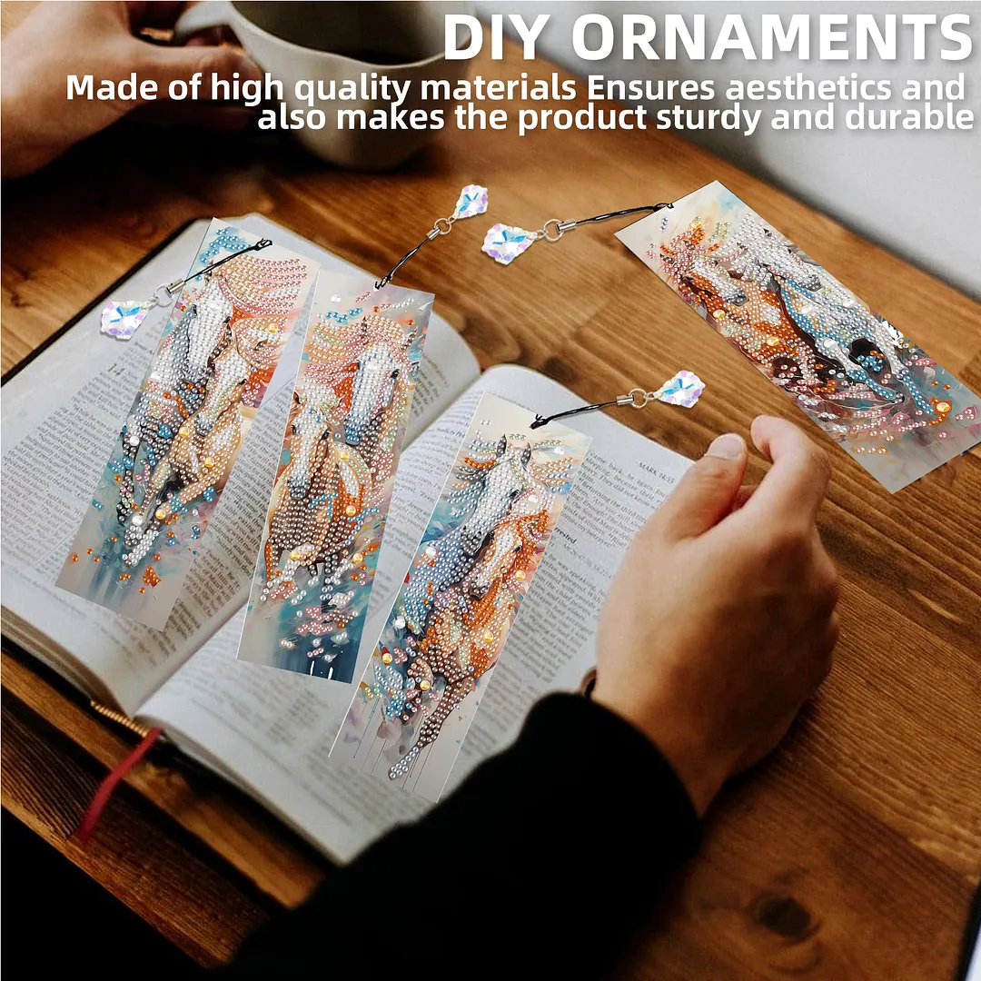 4Pcs Galloping Horse DIY Diamond Bookmark Art Projects Irregular Shaped Diamonds Diamond Painting Art Bookmarks with Crystal Pendants for DIY Making Beginners Adult Art Craft Supplies