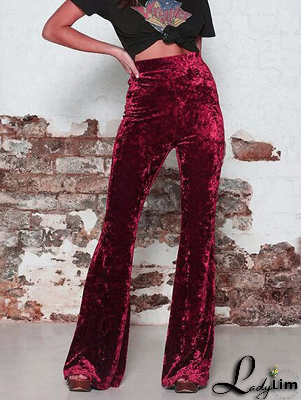 Casual High Waist Solid Velvet Flare Leg Pants