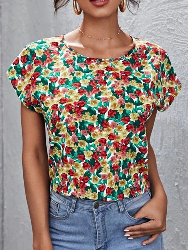 Floral Print O neck Short Sleeve Casual T Shirt For Women P1840429
