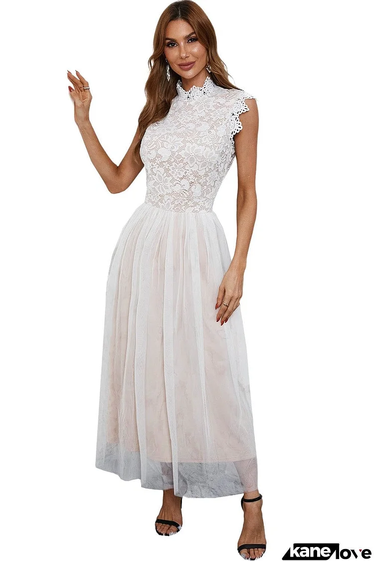 High Neck Sleeveless Crochet Lace Mesh Lined Evening Dress