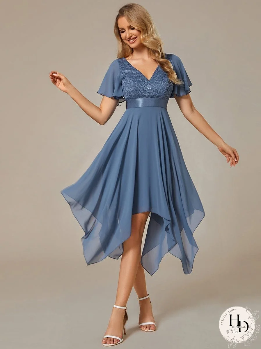 V-Neck Asymmetrical Dress with Short Sleeves