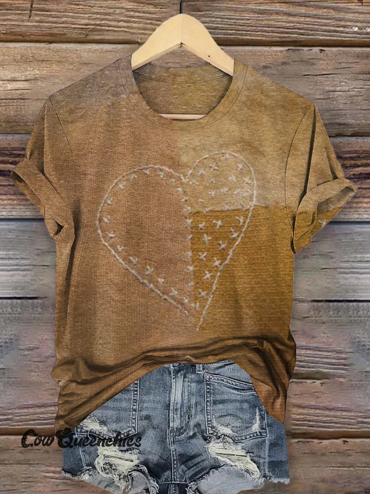 Vintage Floral Heart Printed Casual Round Neck Short Sleeve T-Shirt Multicolor / S