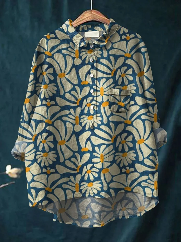 Womens Daisy Art Print Casual Cotton And Linen Shirt