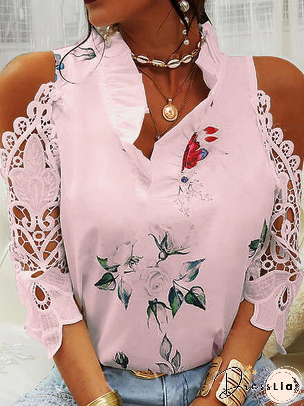 Women's Blouses Sexy Hollow Out Print V-Neck Elegant Short Sleeve Lace Shirts Summer Female Backless Blouse Casual Tops Women