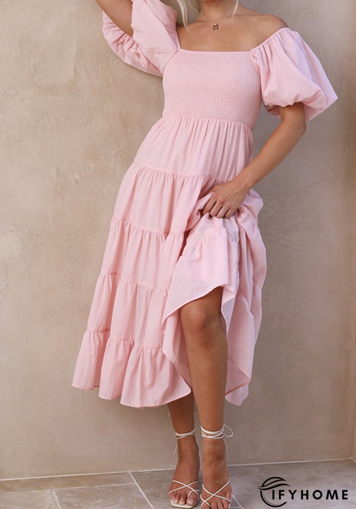 Summer Women's Fashion Loose Off Shoulder Puff Sleeve A-Line Midi Dress | IFYHOME