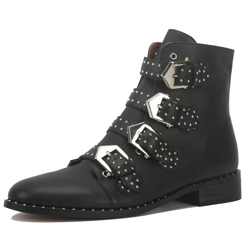 VCSHOES Gentleman Cow Leather Rivets Studs Metal Clasp Buckle Men Ankle Boots Chunky Heel Vintage British Chelsea Boots Hombres
