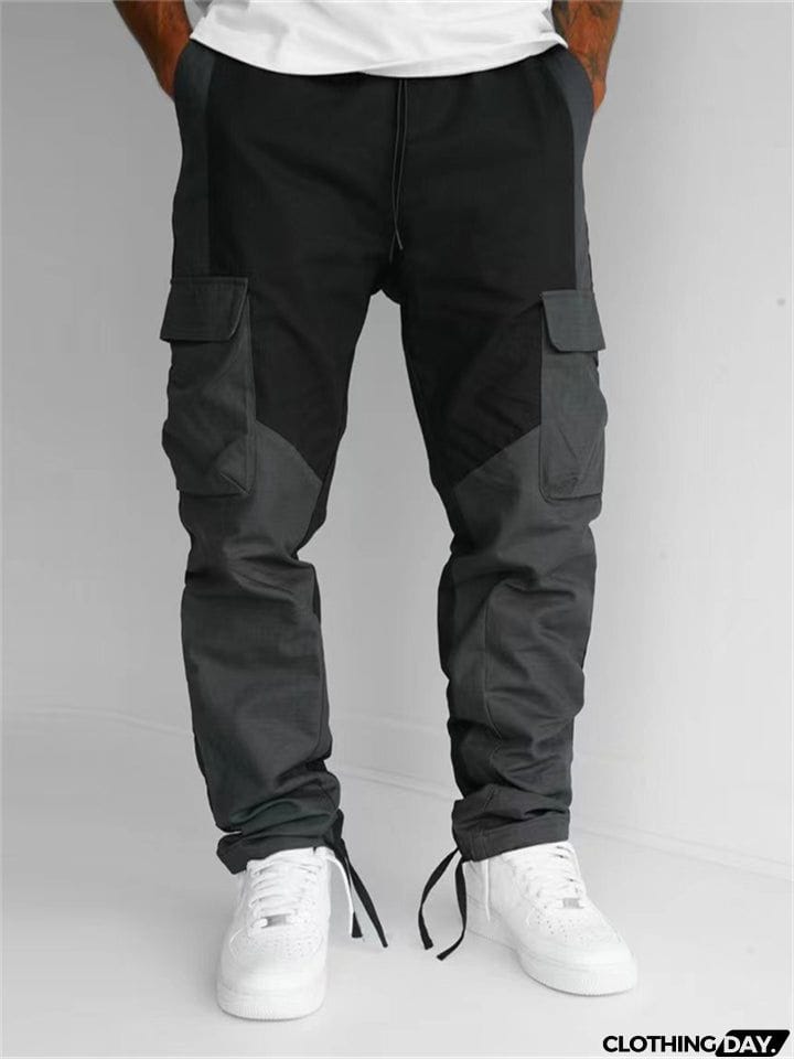 Men's Black Multi Pockets Patchwork Loose Cargo Pants