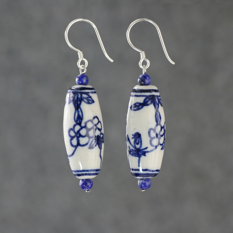 Blue and White Porcelain Earrings Pure Silver Ear Hook Chinese Style Handmade Ceramic Classical Earrings