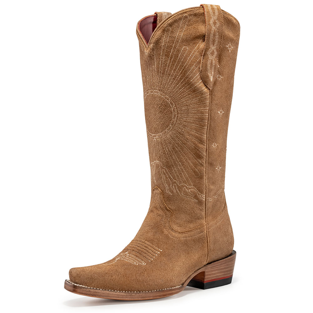 Tan Sun Moon Stars Embroidered Snip Toe Knee-High Cowgirl Boots Nicepairs