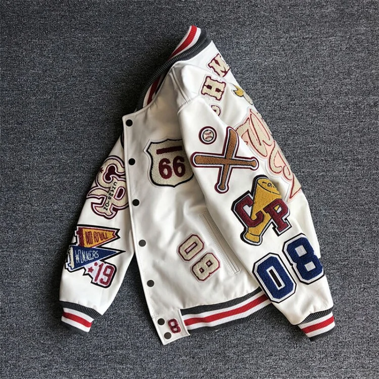 Multi-letter embroidery white baseball uniform men's explosive style baseball uniform retro leather jacket heavy industry coat
