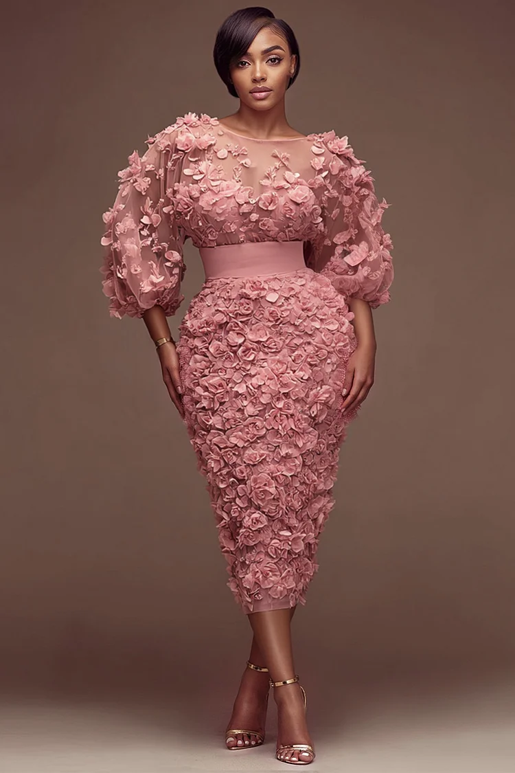 Xpluswear Design Plus Size Wedding Guest Pink Round Neck 3/4 Sleeve 3D Bodycon Two Piece Skirt Sets [Pre-Order] 2024 - Xpluswear