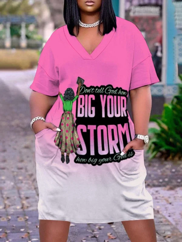 Digital Print V-Neck Casual Pocket Dress